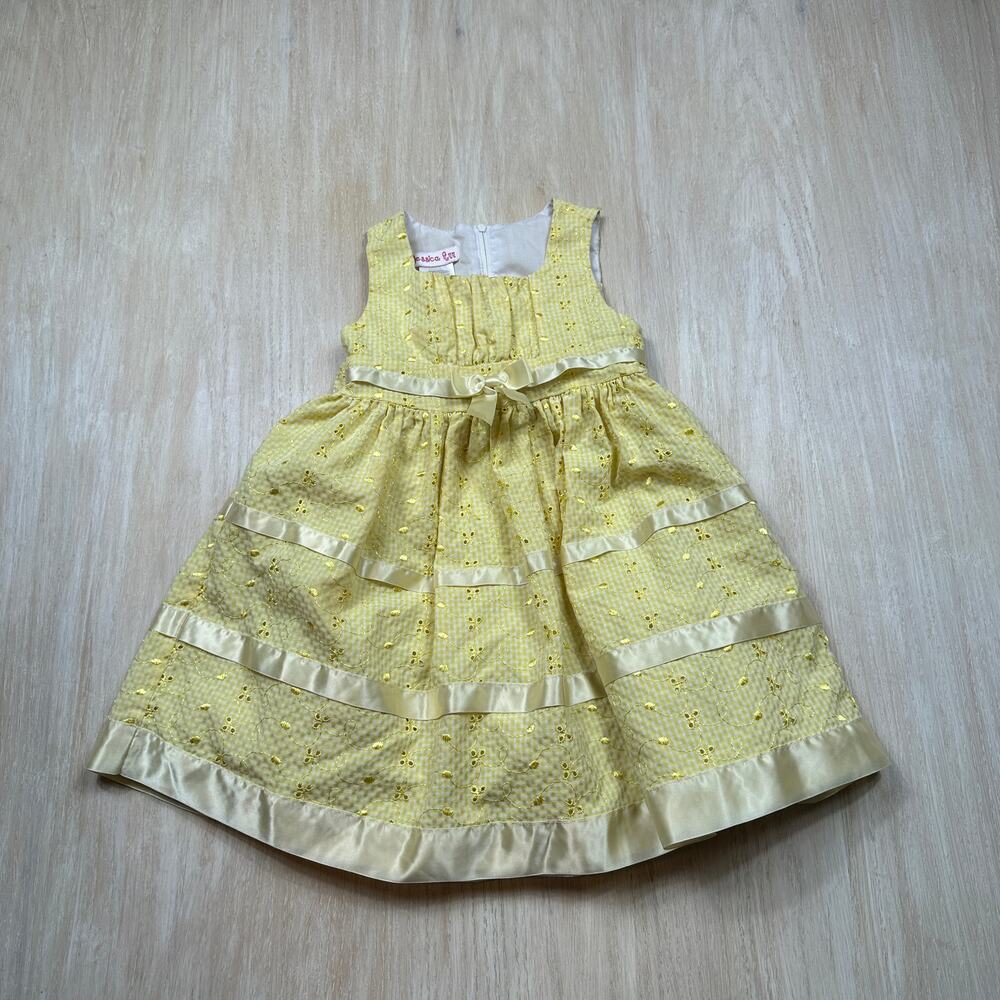 Jessica Ann Yellow Gingham Eyelet Cottagecore Easter Satin Bow Tea Party Dress 4